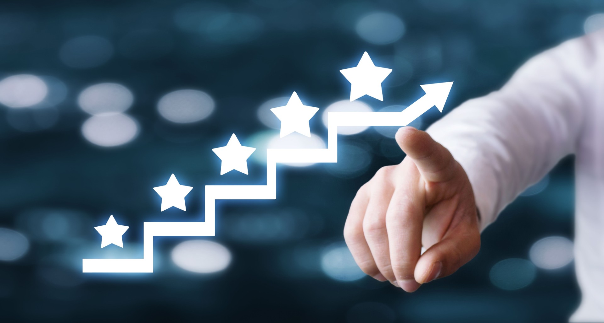 Male hand showing 5 stars on stairs. Increase rating
