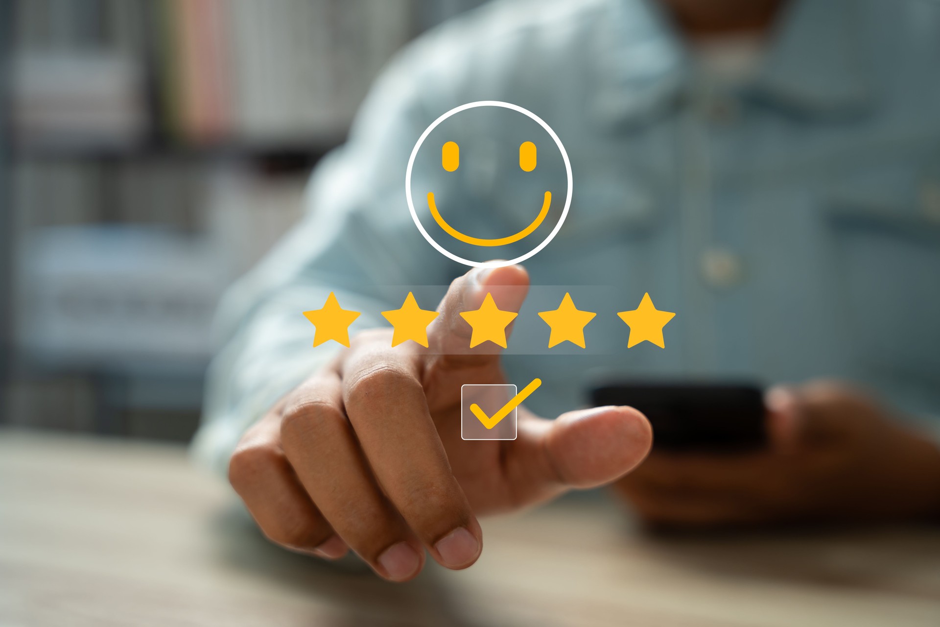 Happy customer providing 5-star review via mobile application after receiving outstanding service and quality product. Online customer feedback plays crucial role in business ranking, Consumer trust